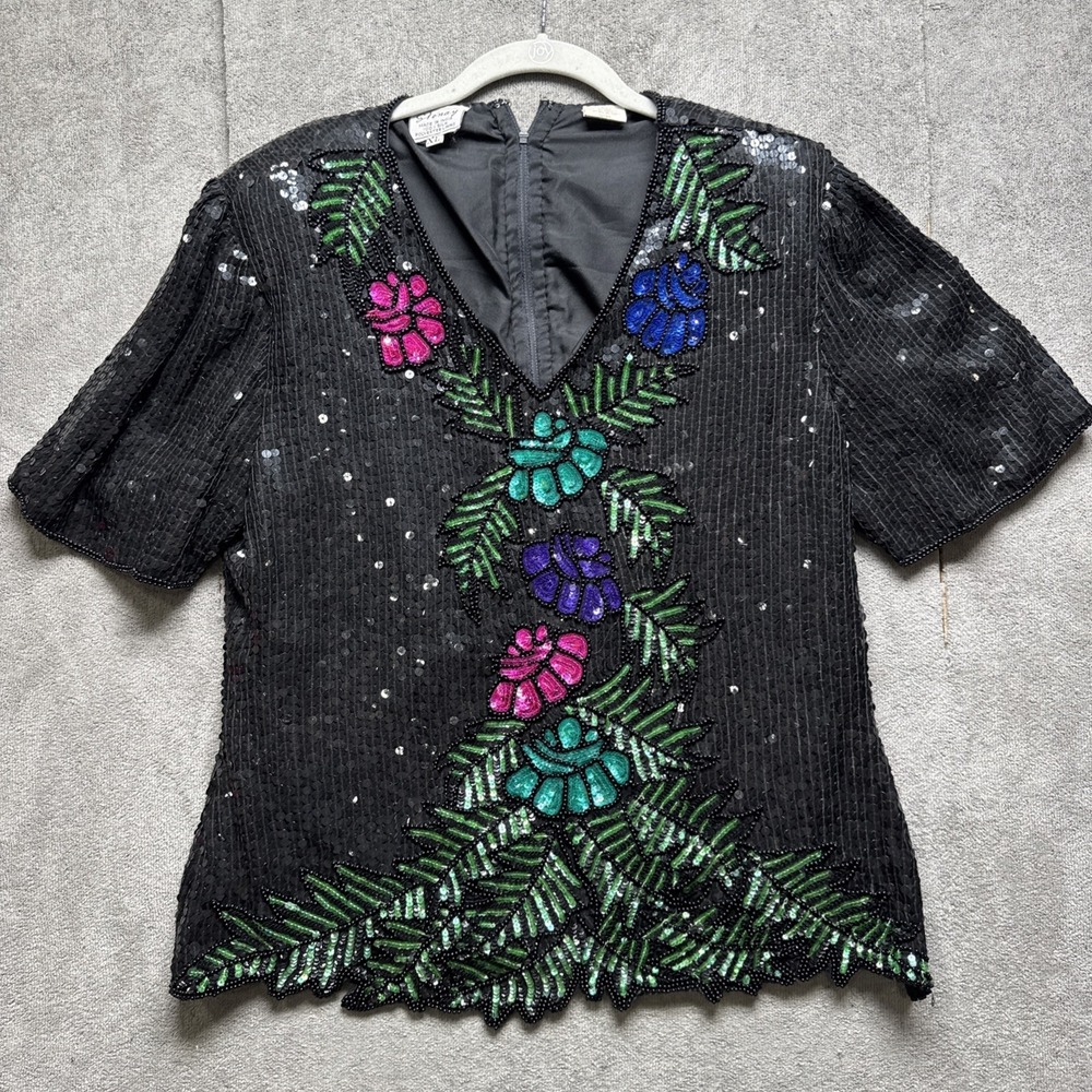 Vintage Stenay Top XL Black Sequined 100% Silk Pullover Formal Sparkle Fairy